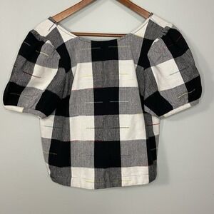The Odells Puff Sleeve Top Black and White Buffalo Check Rainbow Thread Size M